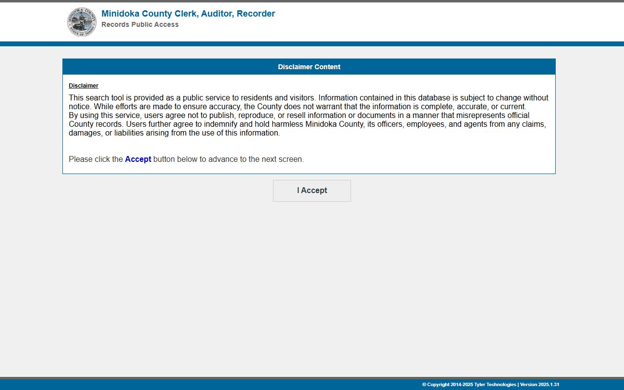 Minidoka County clerk records recorder portal disclaimer