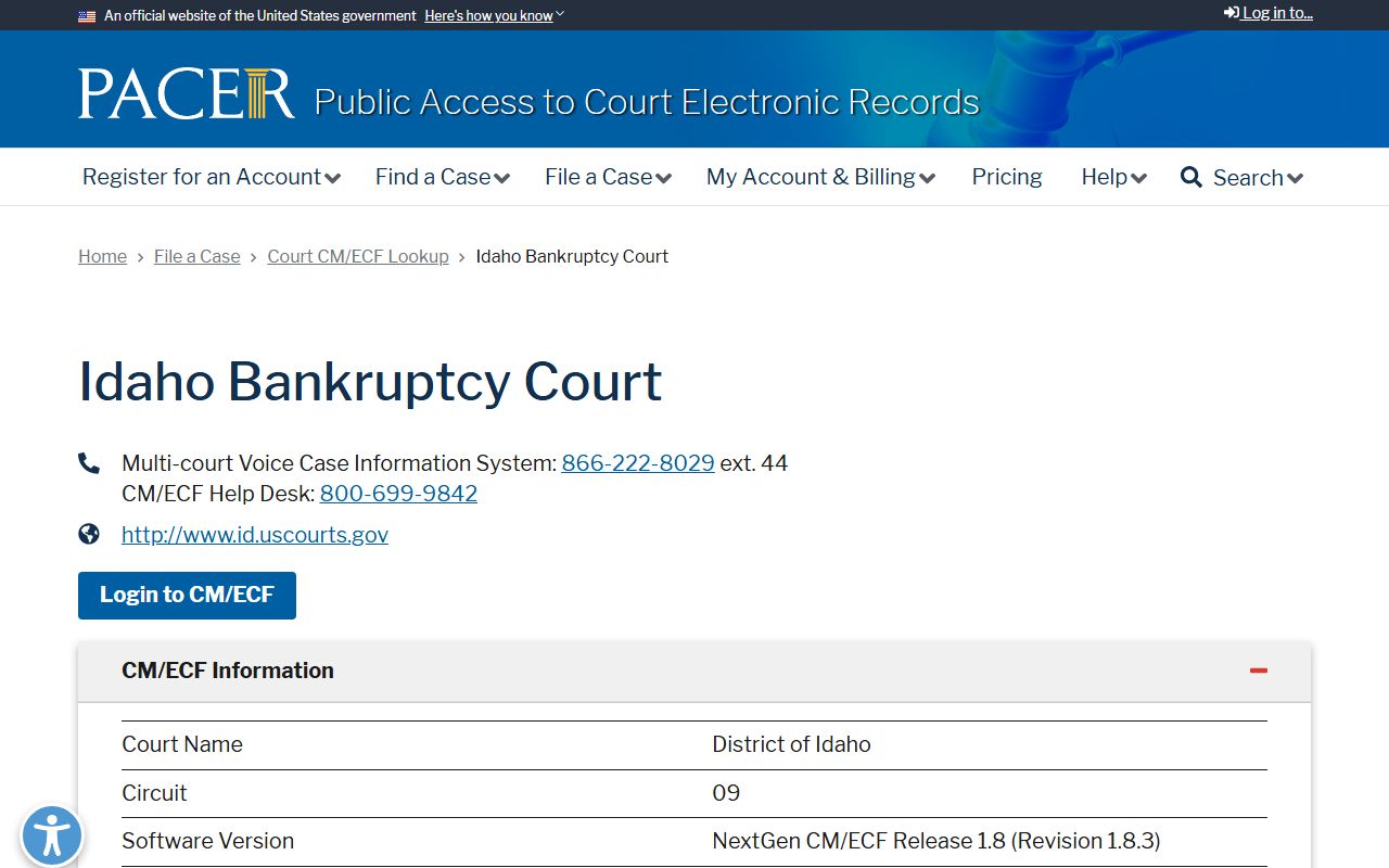 Minidoka County court dockets PACER Idaho bankruptcy lookup