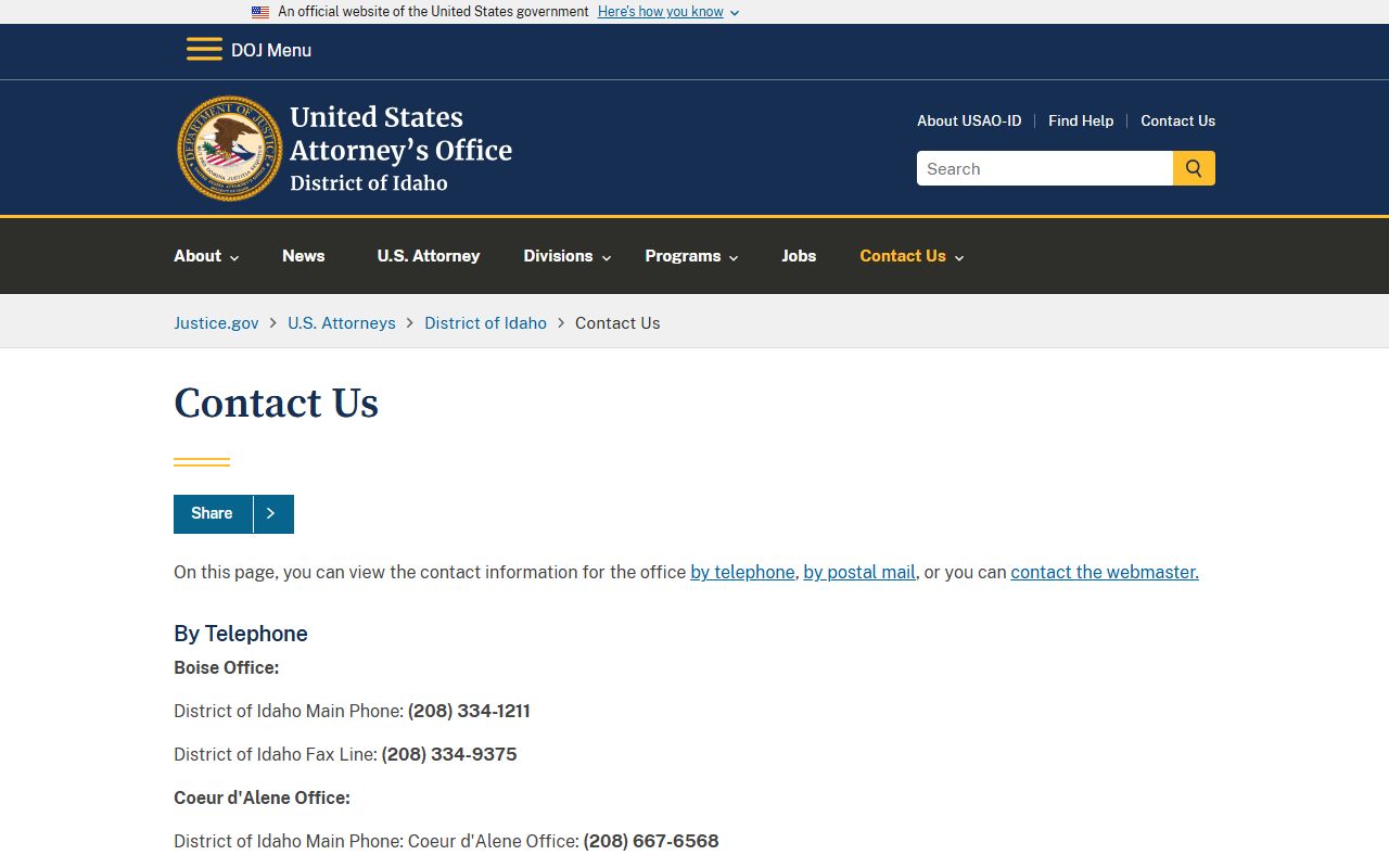 Minidoka County court dockets U.S. Attorney District of Idaho contact page
