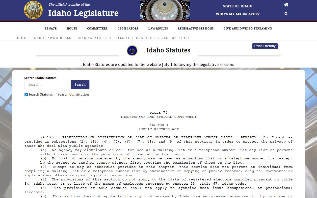 Minidoka County court records mailing and telephone list restriction