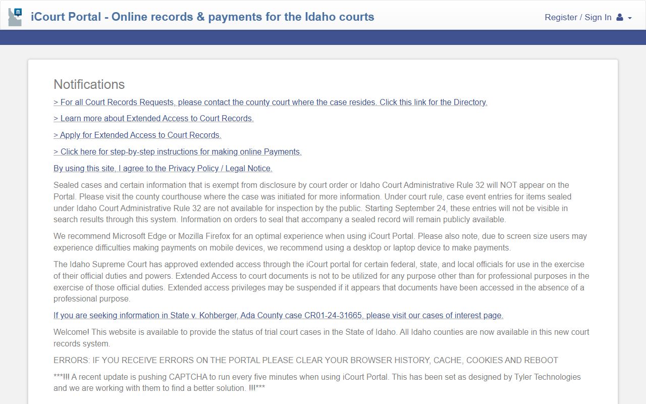 Minidoka County court records Idaho iCourt Portal search dashboard