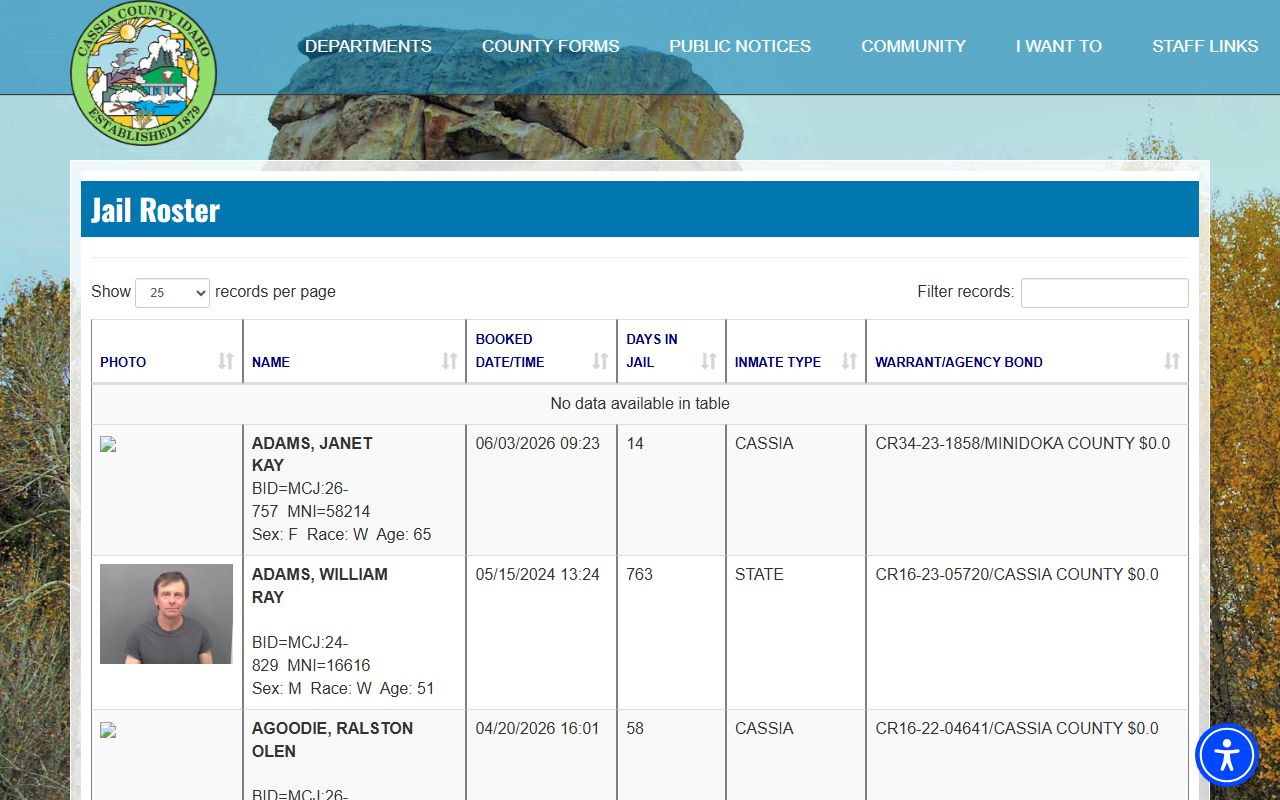 Minidoka County inmate records Mini-Cassia jail roster fields