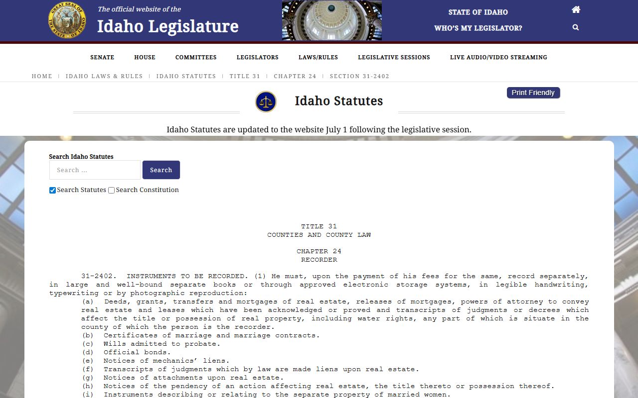 Minidoka County probate records recorder duties statute